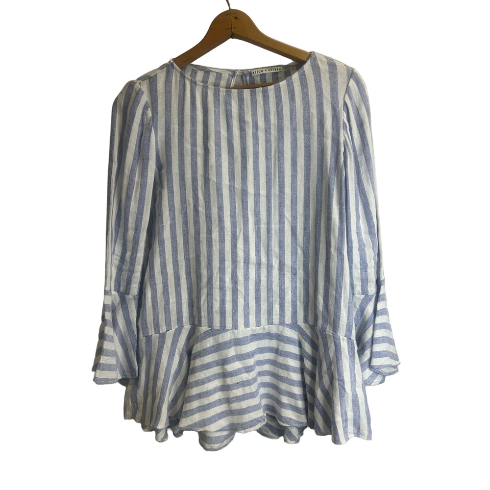 Alice + Olivia Light Blue and White Striped Peplum Top